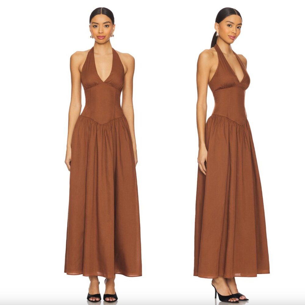 NEW MORE TO COME Bexley Maxi Dress Brown Halter Sundress Sun Dress Bustier Small